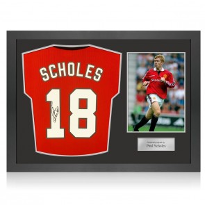 Paul Scholes Signed Manchester United 1999 League Football Shirt (Retro Printing). Icon Frame
