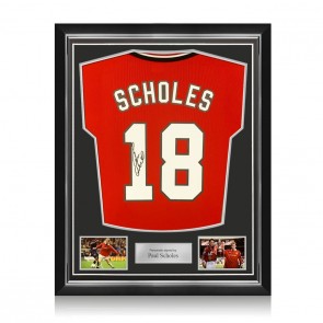 Paul Scholes Signed Manchester United 1999 League Football Shirt (Retro Printing). Superior Frame