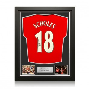 Paul Scholes Signed Manchester United 1999 League Football Shirt. Standard Frame