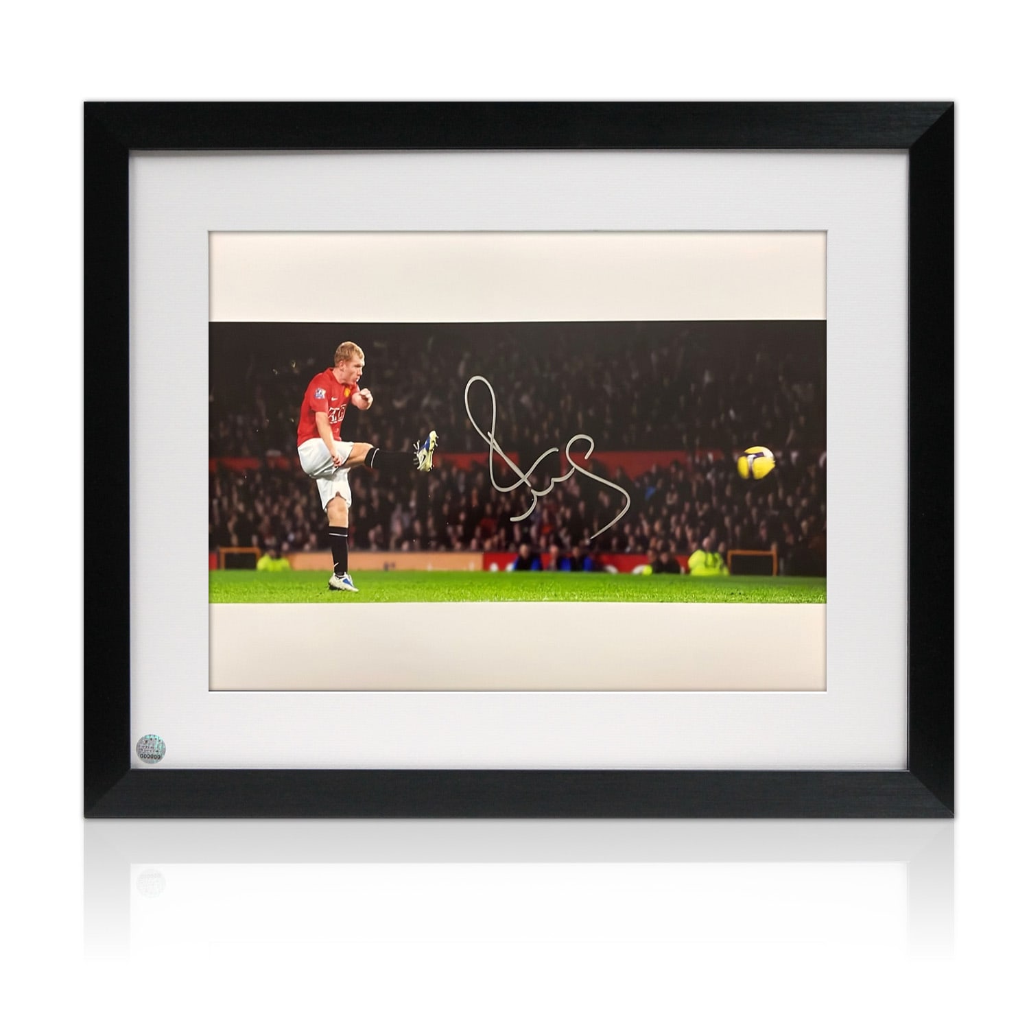 Paul Scholes Signed Manchester United Football Photo: Strike. Framed