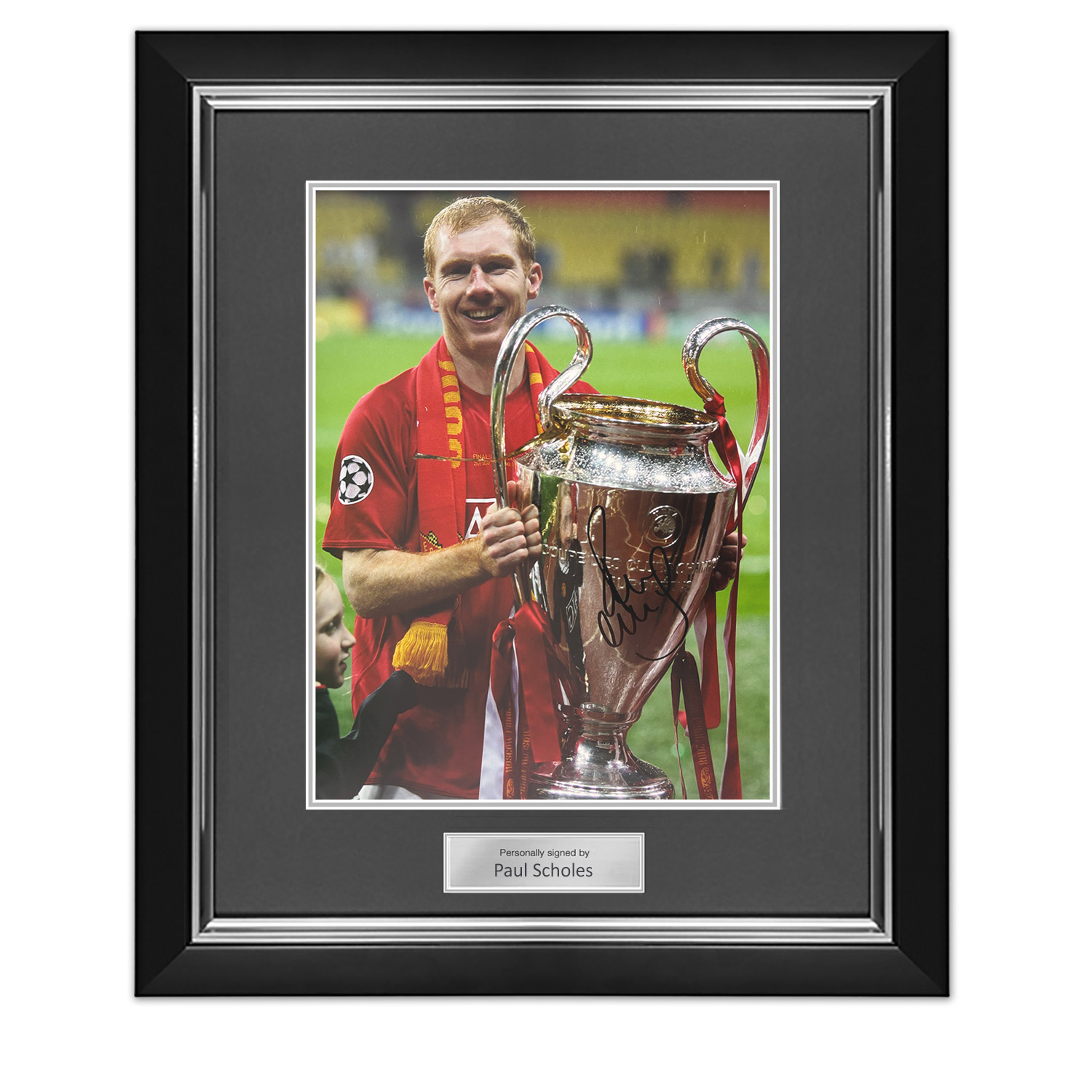 Paul Scholes Signed Manchester United Football Photo: UCL Trophy. Deluxe Frame