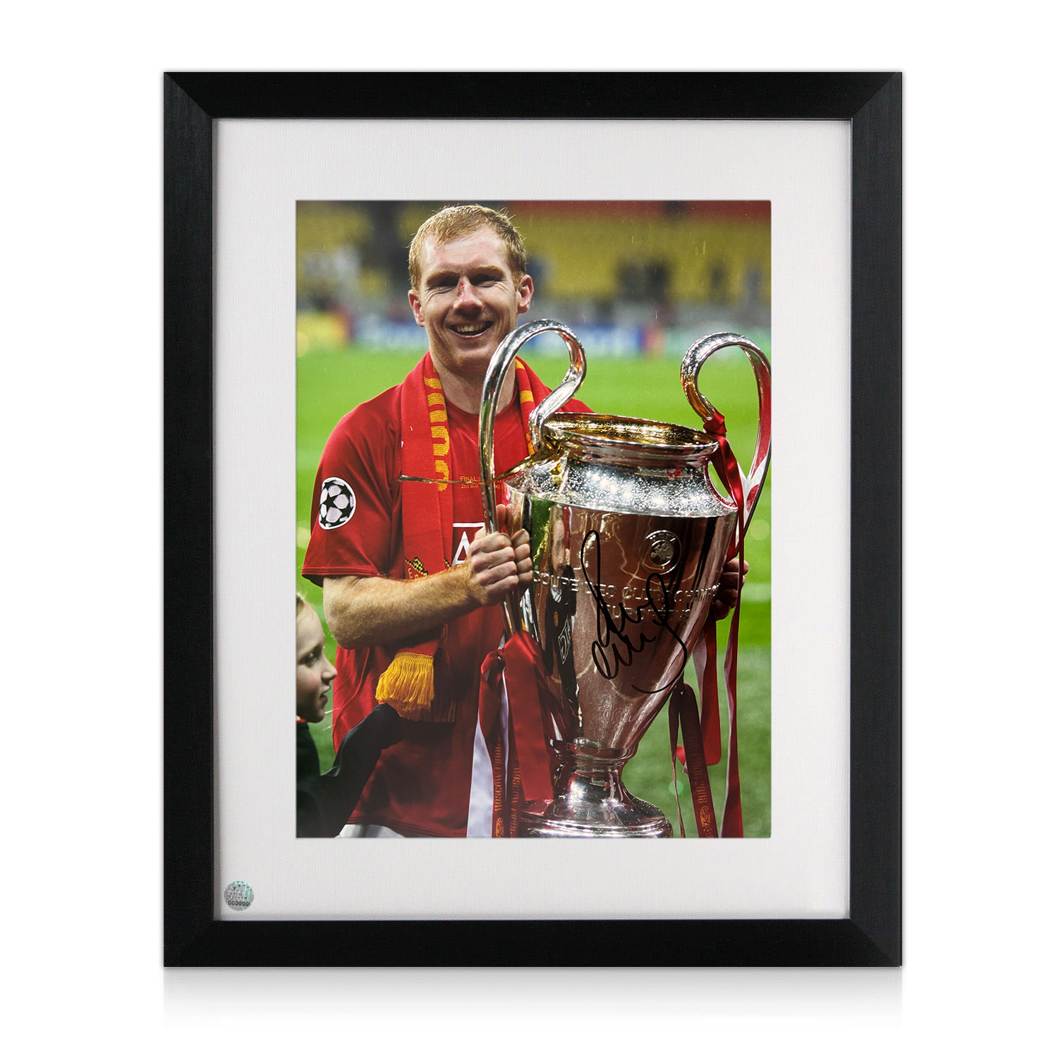 Paul Scholes Signed Manchester United Football Photo: UCL Trophy. Framed