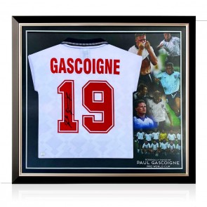 Paul Gascoigne Signed England 1990 Football Shirt. Premium Frame