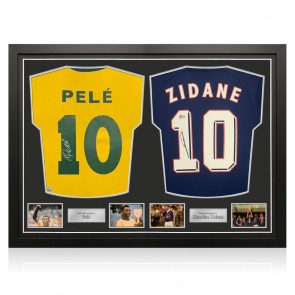 Pele Brazil and Zinedine Zidane France Signed Football Shirts. Dual Frame