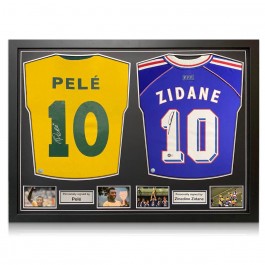 Pele Brazil and Zinedine Zidane France Signed Football Shirts. Dual Frame