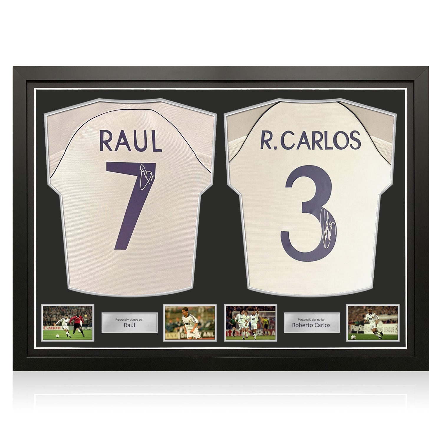 Raul & Roberto Carlos Signed Real Madrid 1999-00 Home Football Shirts. Dual Frame