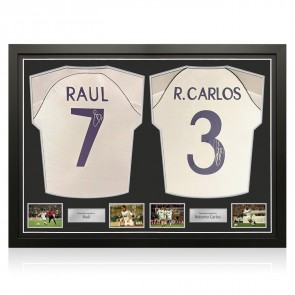 Raul & Roberto Carlos Signed Real Madrid 1999-00 Home Football Shirts. Dual Frame