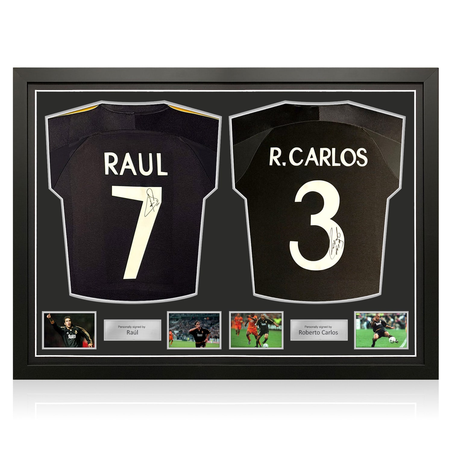 Raul & Roberto Carlos Signed Real Madrid 1999-00 Away Football Shirts. Dual Frame