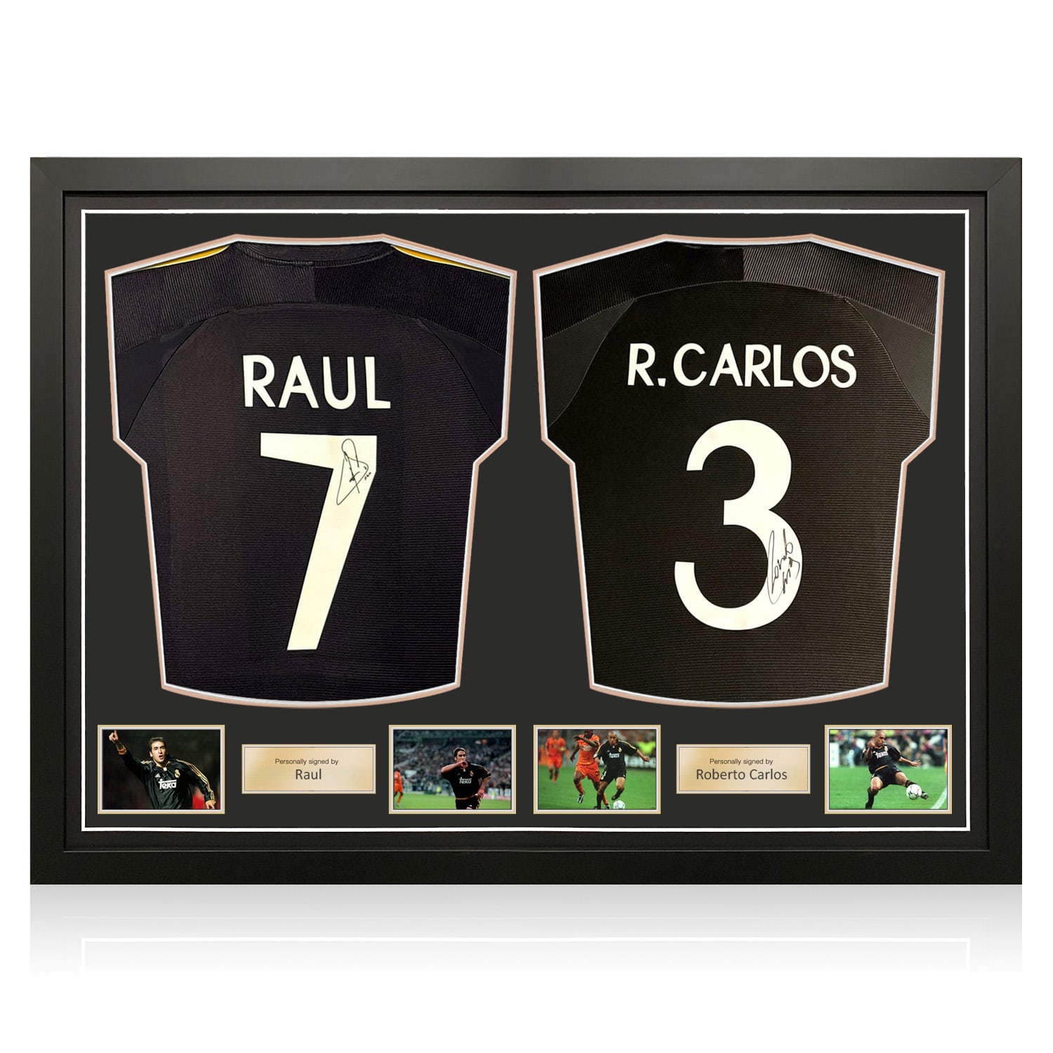 Raul & Roberto Carlos Signed Real Madrid 1999-00 Away Football Shirts. Dual Frame Gold