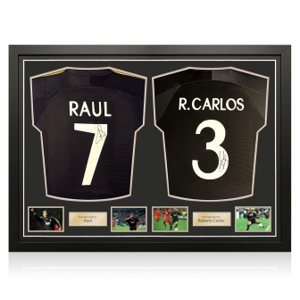 Raul & Roberto Carlos Signed Real Madrid 1999-00 Away Football Shirts. Dual Frame Gold