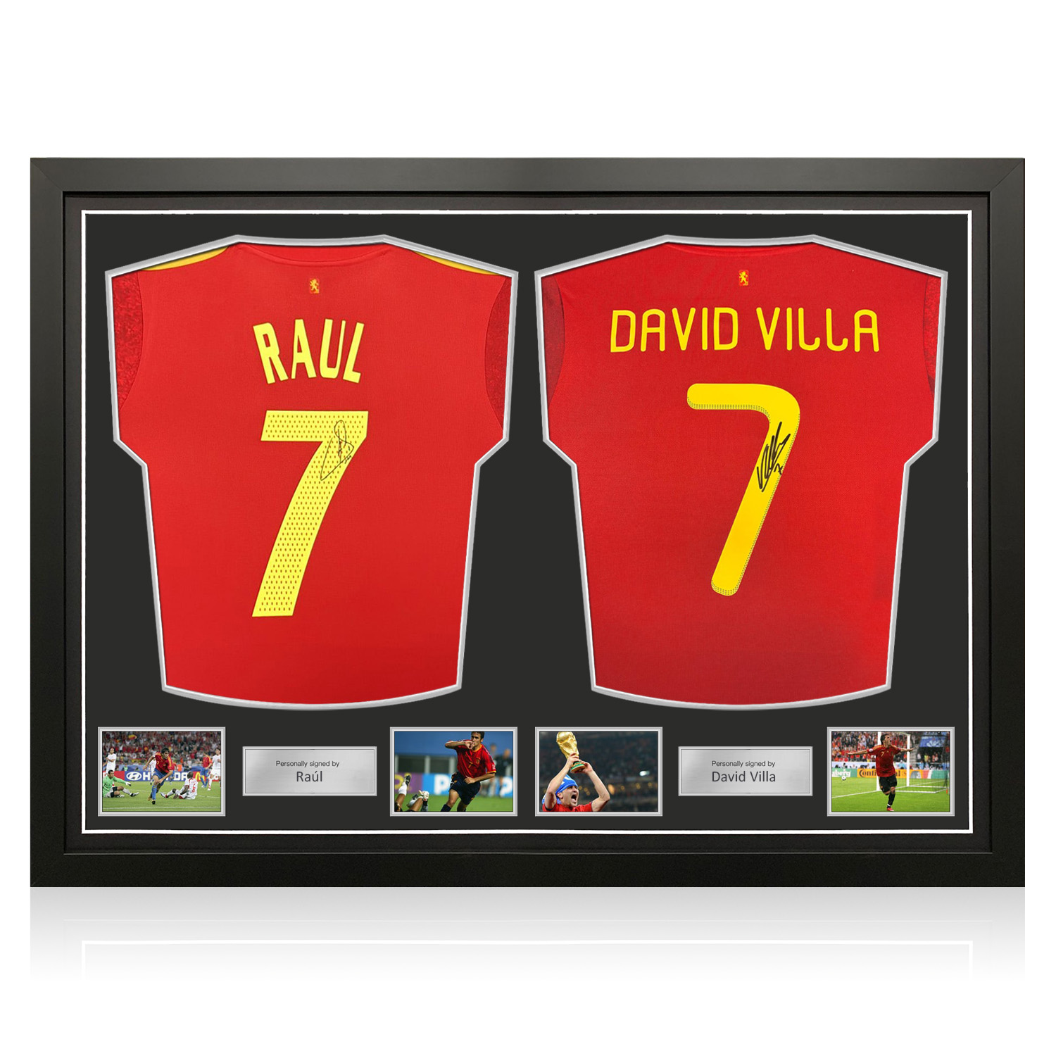Raul & David Villa Signed Spain 2020 Home Football Shirts. Dual Frame
