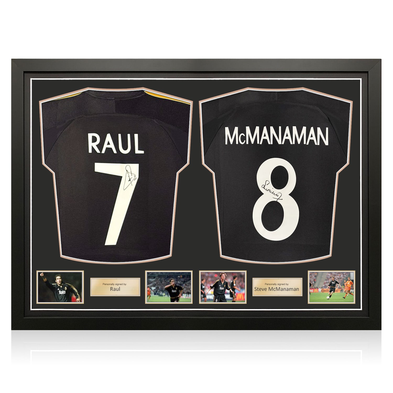 Raul & Steve McManaman Signed Real Madrid 1999-00 Away Football Shirts. Dual Frame