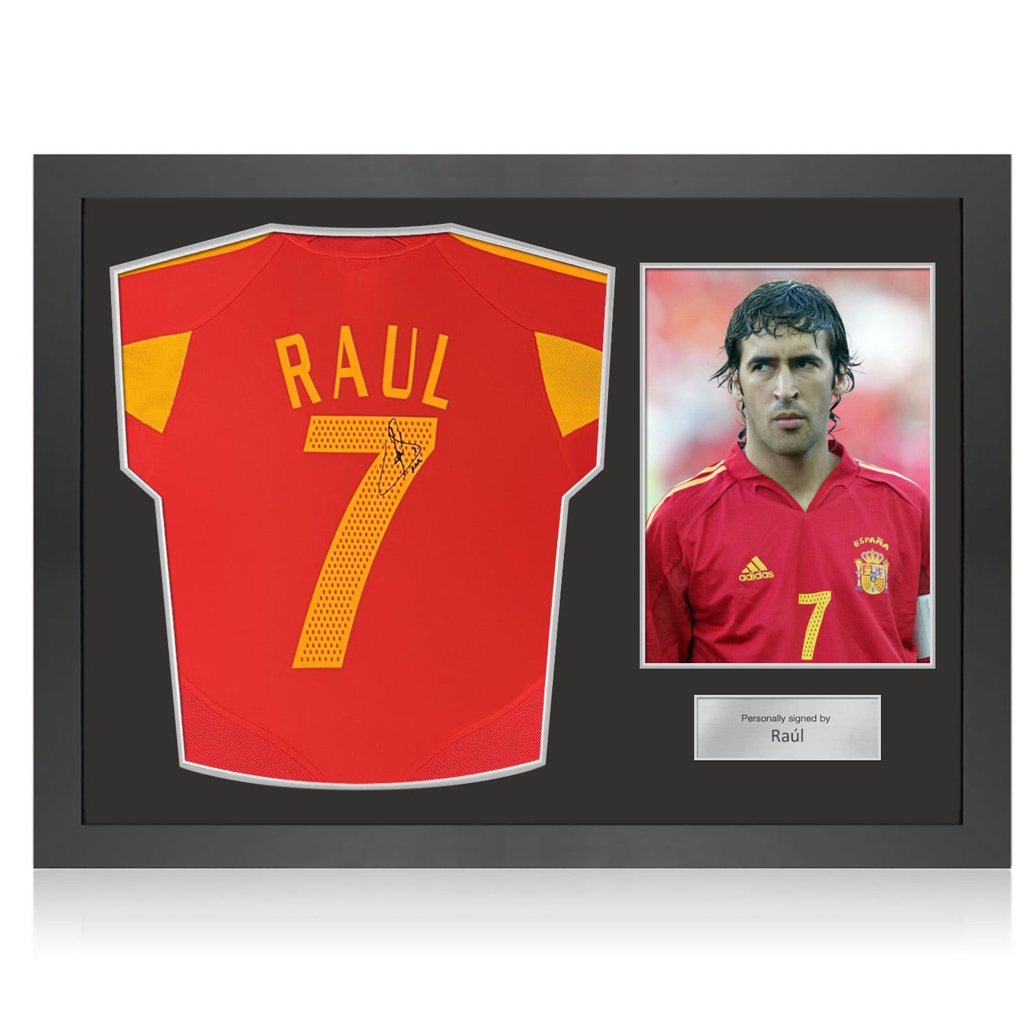 Raul Signed Original Spain 2004-06 Home Football Shirt. Icon Frame