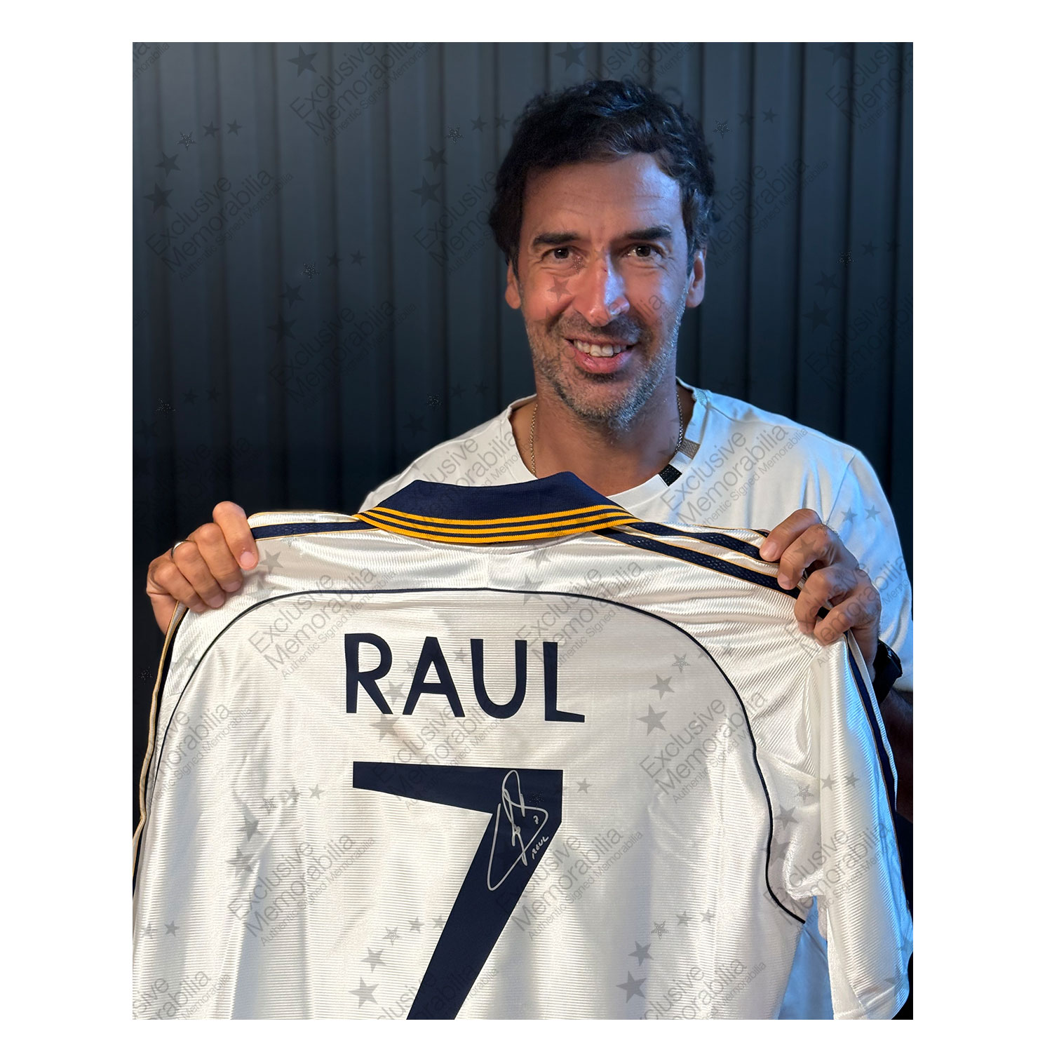 Raul & Roberto Carlos Signed Real Madrid 1999-00 Home Football Shirts. Dual Frame