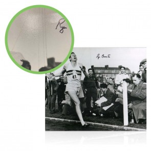 Roger Bannister Signed Photograph: First Under 4 Minute Mile. Damaged A