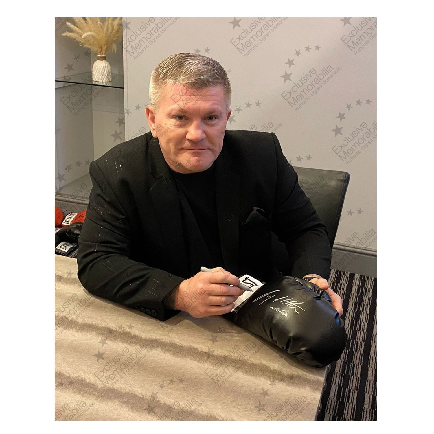 Ricky Hatton Signed Black Boxing Glove. Display Case With Plaque