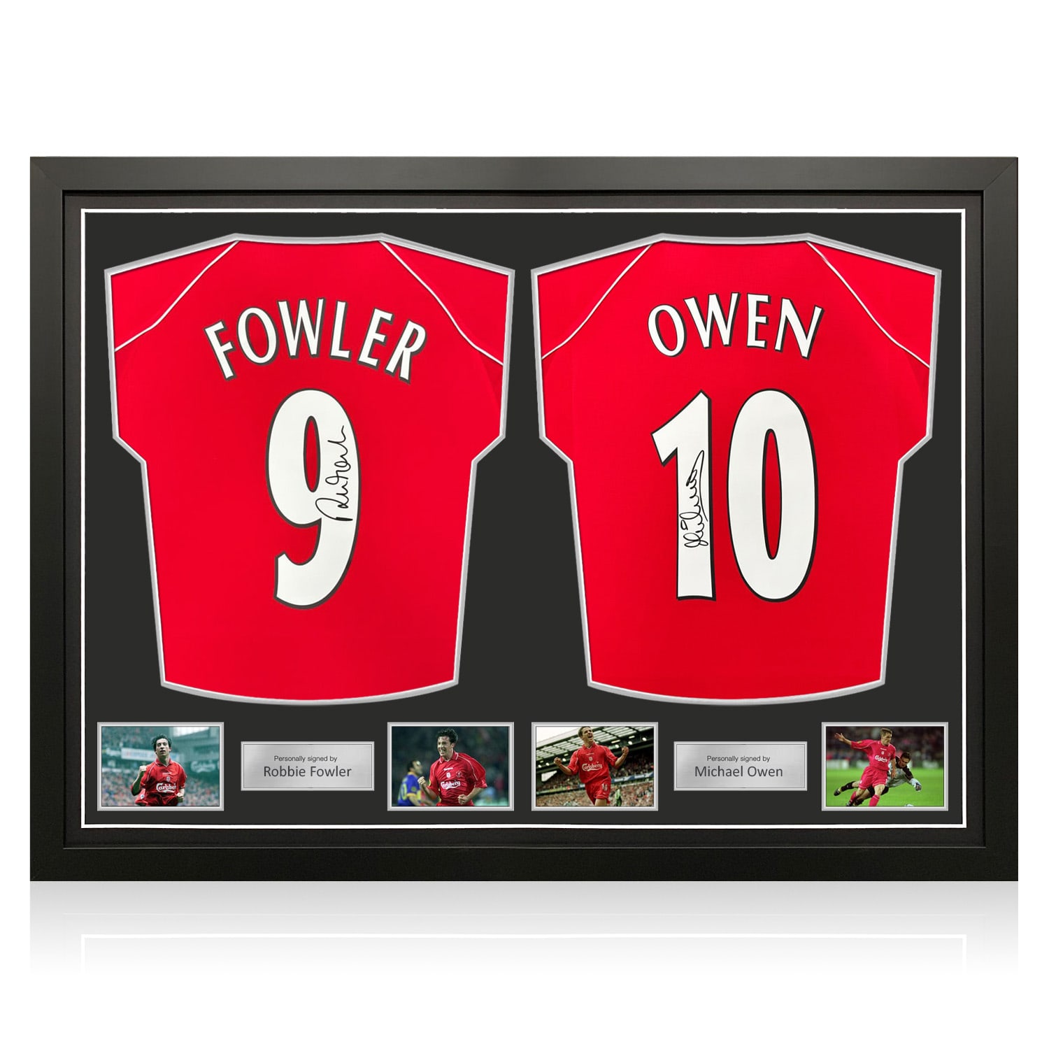Michael Owen & Robbie Fowler Signed Liverpool 2000-2001 Football Shirts. Dual Frame