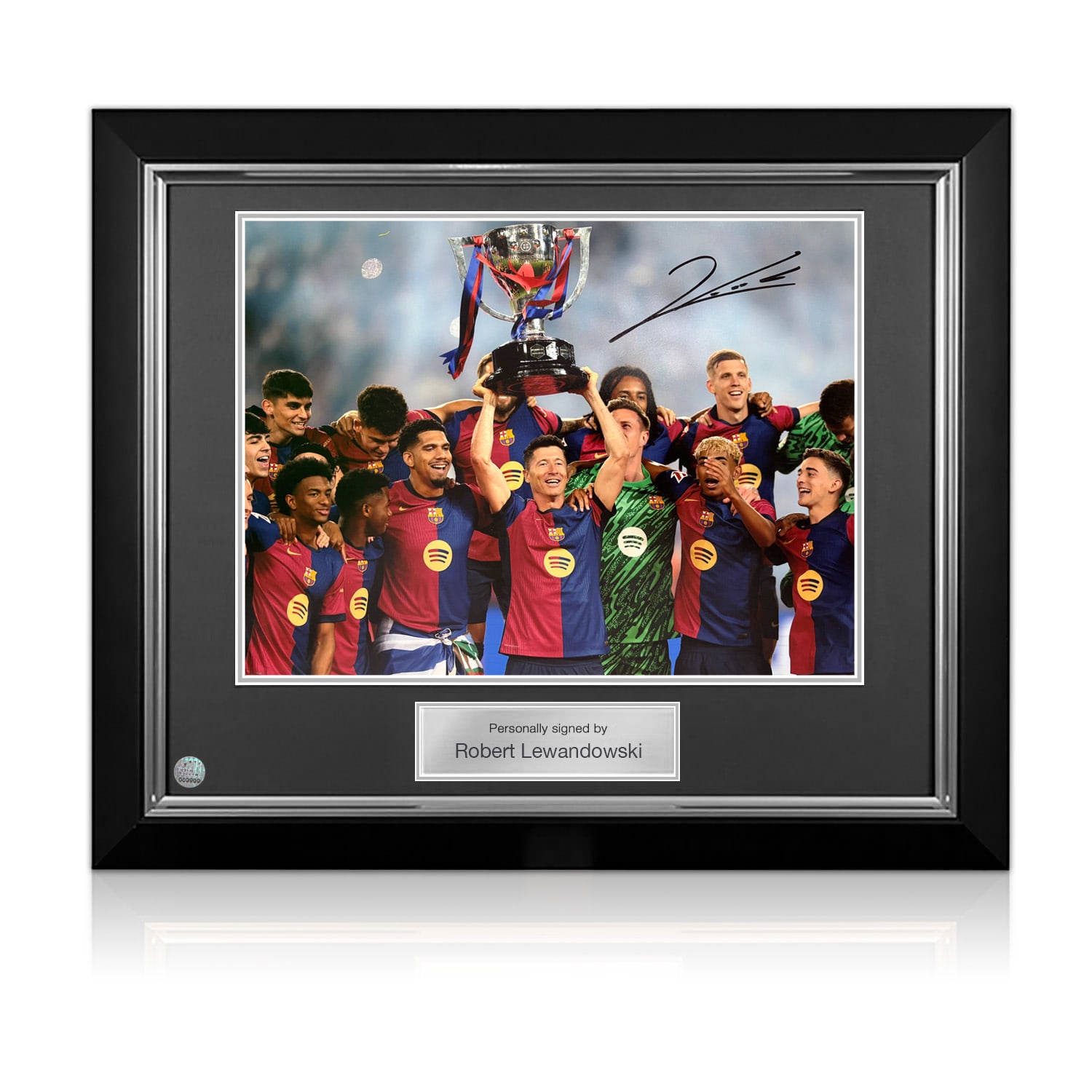 Robert Lewandowski Signed Barcelona Football Photo. Deluxe Frame