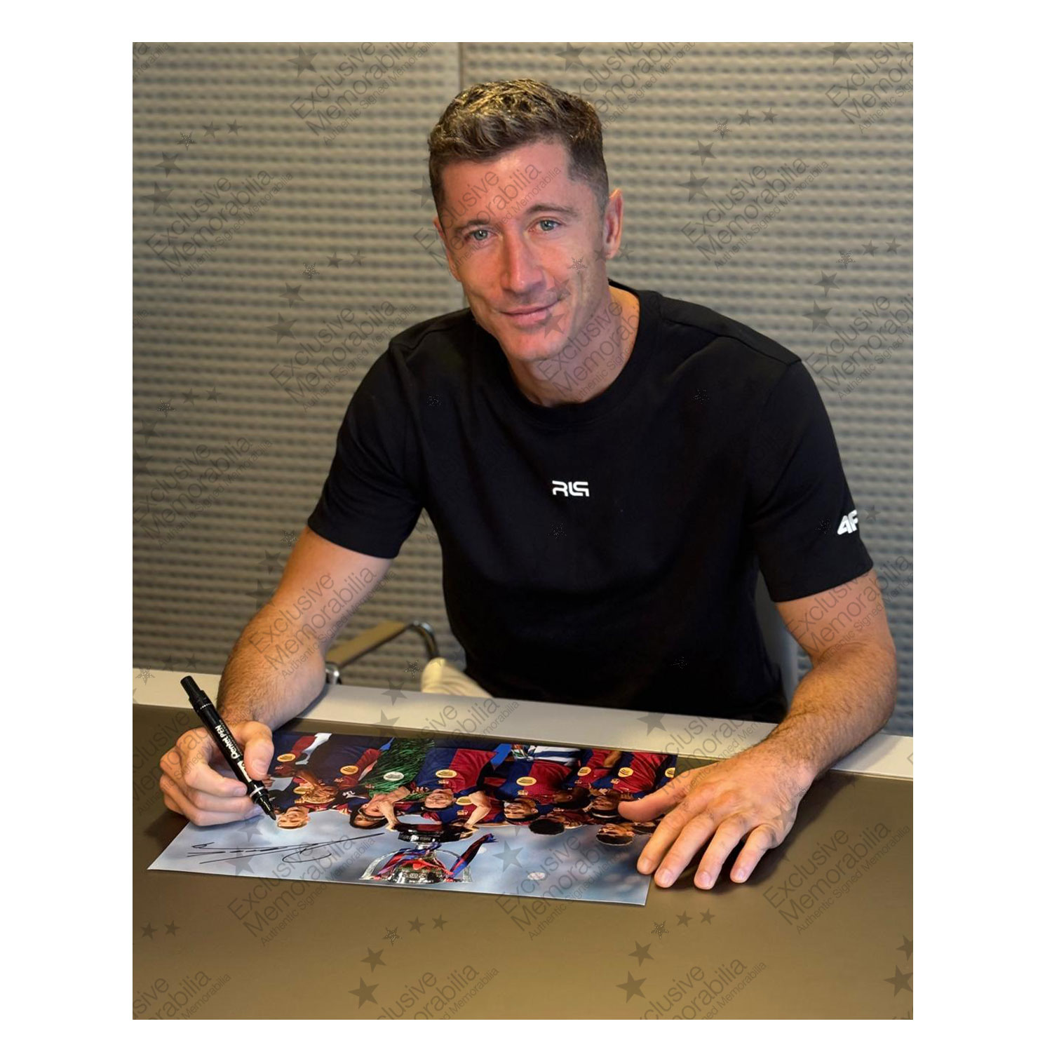 Robert Lewandowski Signed Barcelona Football Photo. Framed