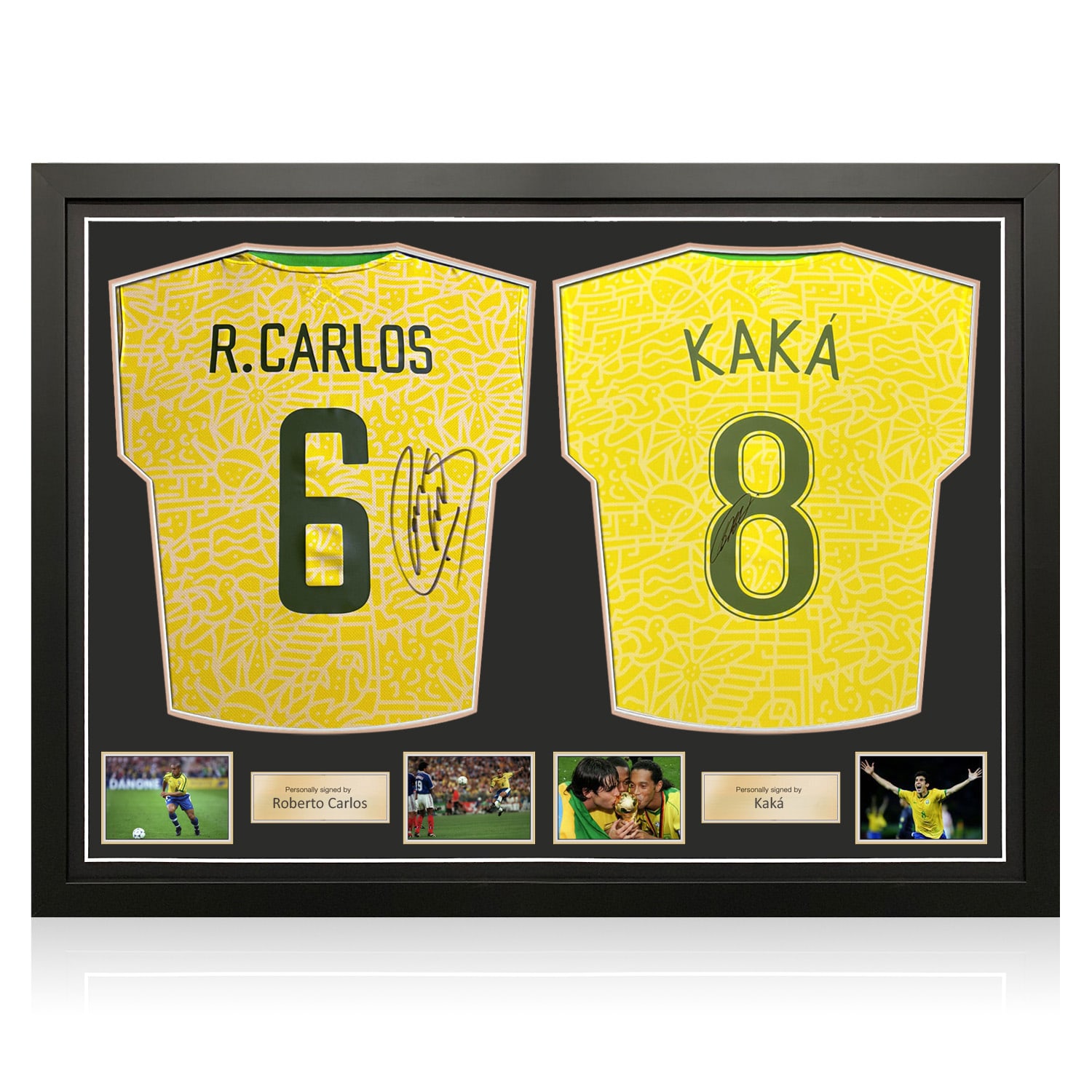 Roberto Carlos And Kaka Signed Brazil 2024 Football Shirts. Dual Frame Gold