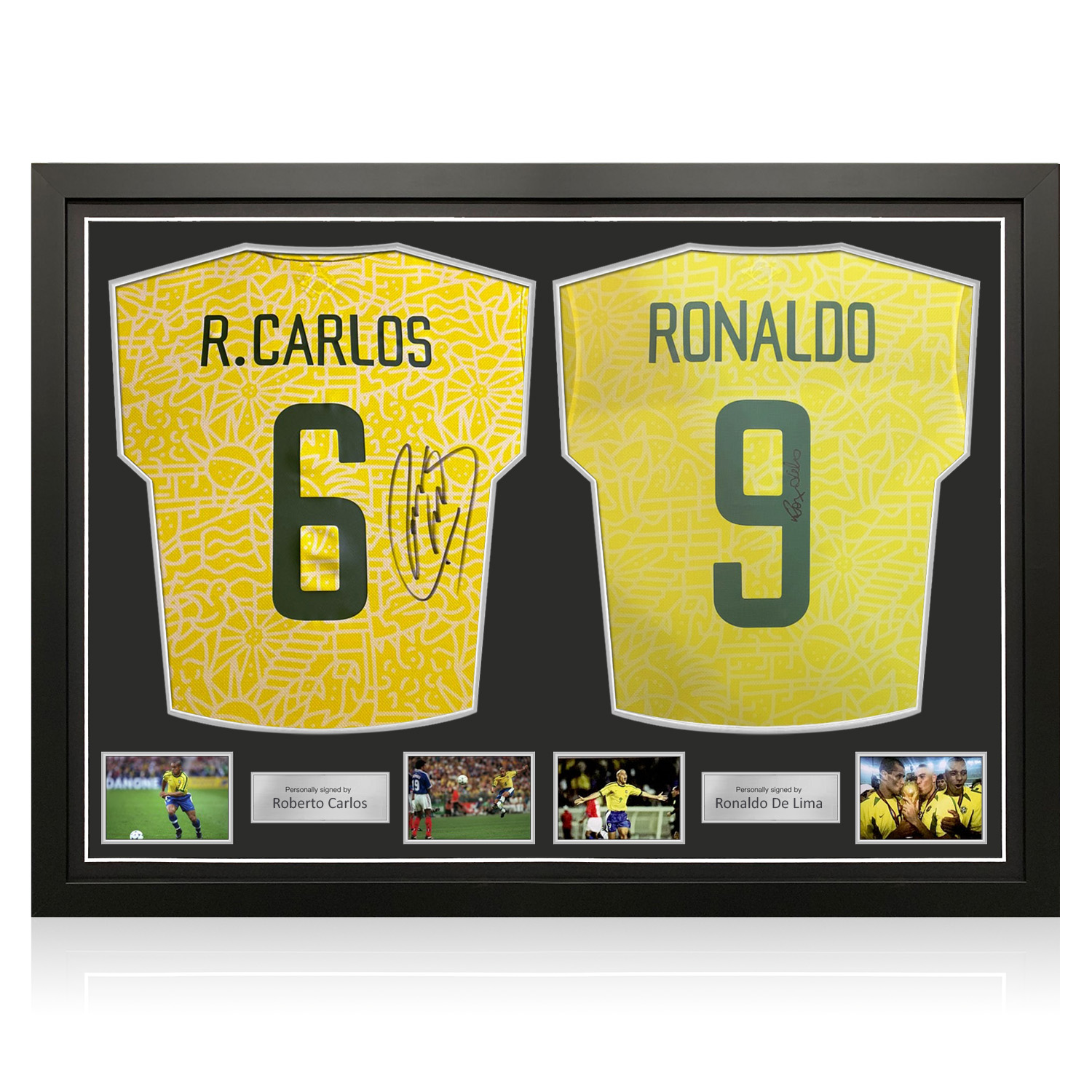 Roberto Carlos & Ronaldo de Lima Signed Brazil Football Shirts. Dual Frame