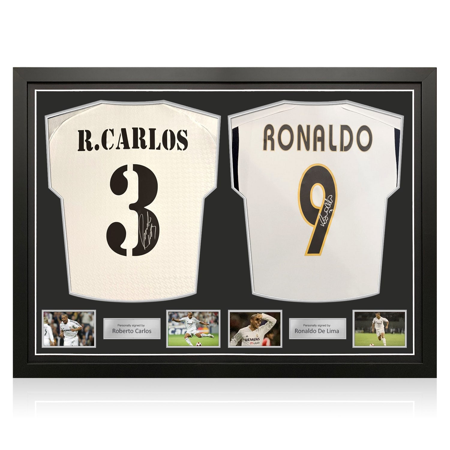 Roberto Carlos & Ronaldo de Lima Signed Real Madrid Football Shirts. Dual Frame