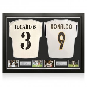 Roberto Carlos & Ronaldo de Lima Signed Real Madrid Football Shirts. Dual Frame