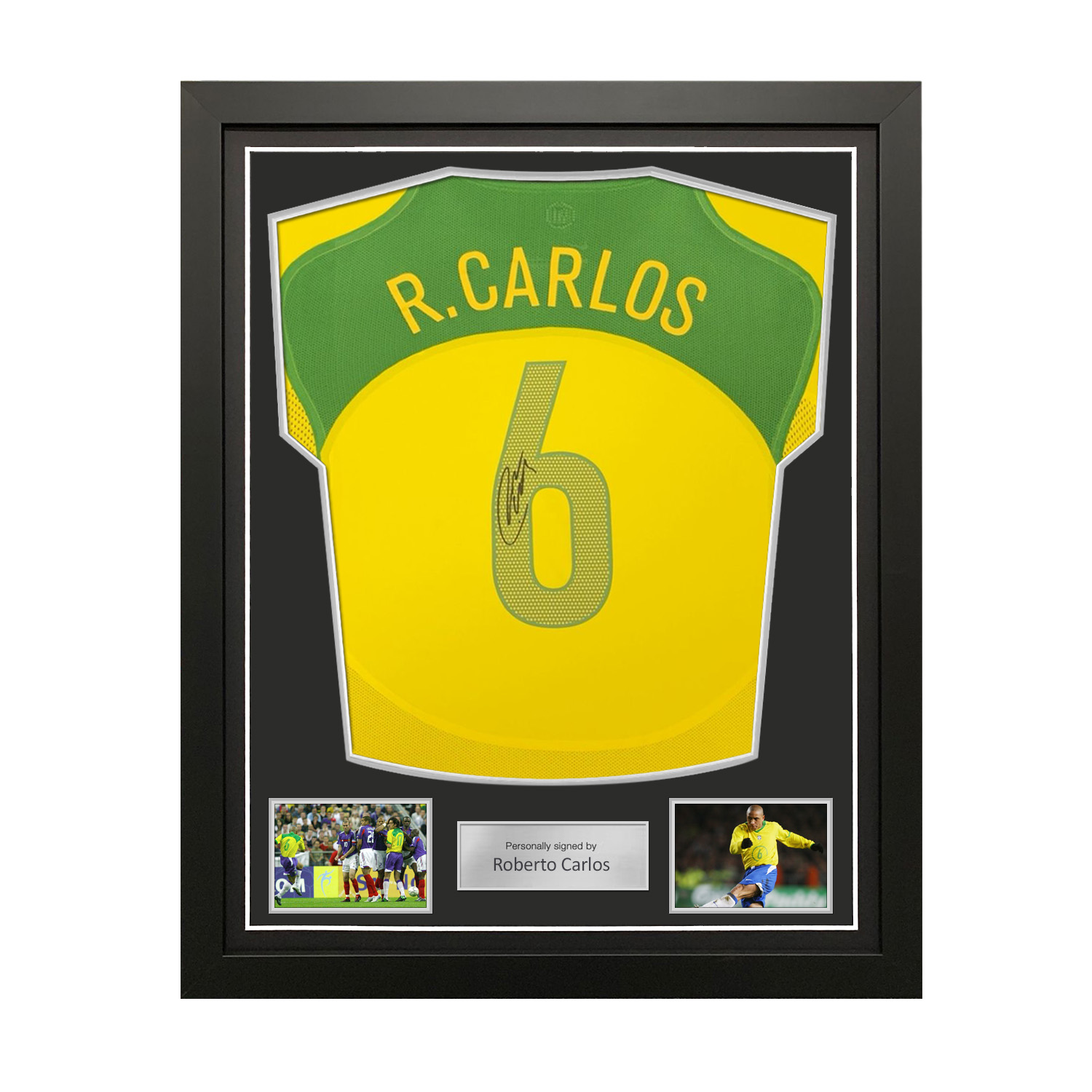 Roberto Carlos Signed Brazil 2004-06 Home Football Shirt. Standard Frame