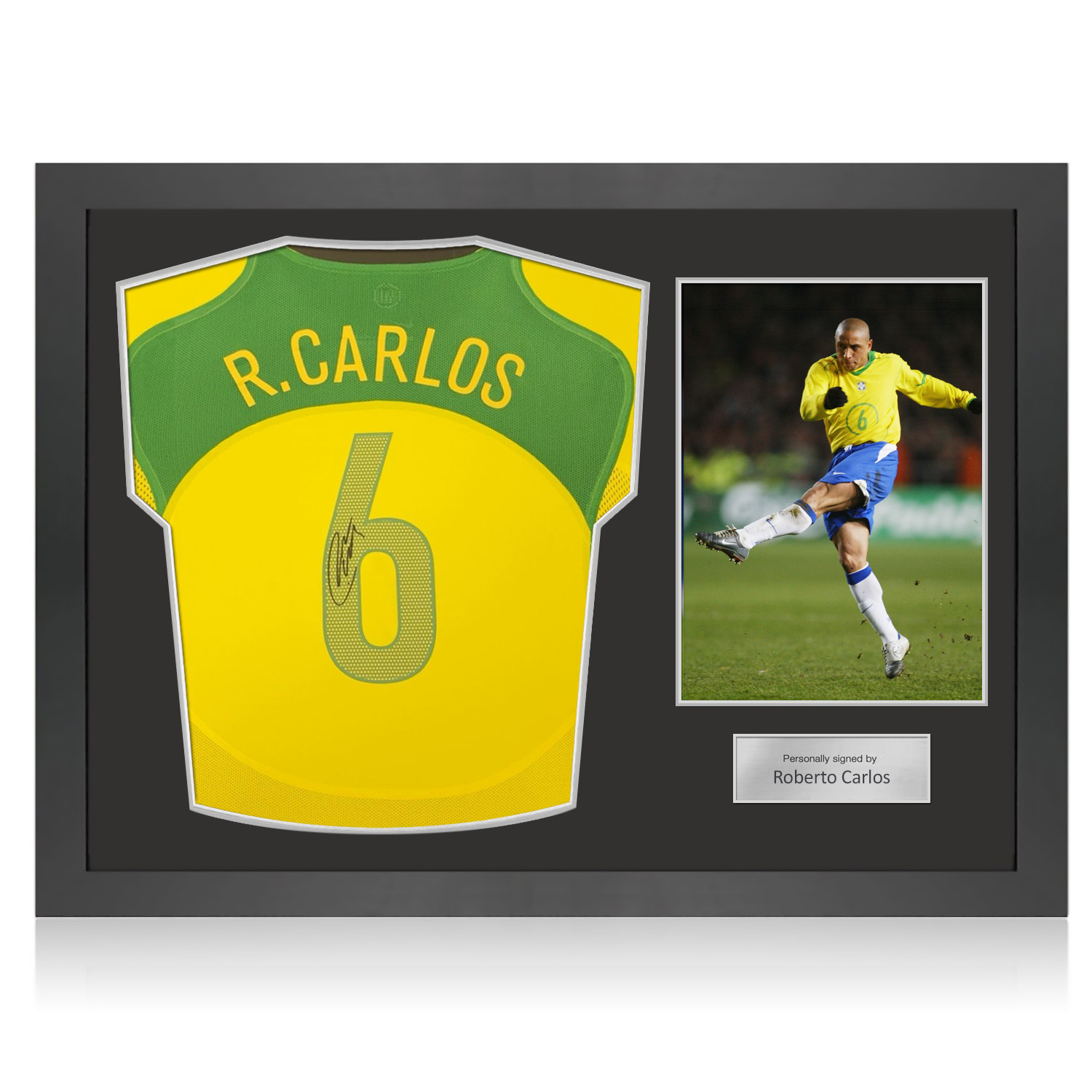 Roberto Carlos Signed Brazil 2004-06 Home Football Shirt. Icon Frame