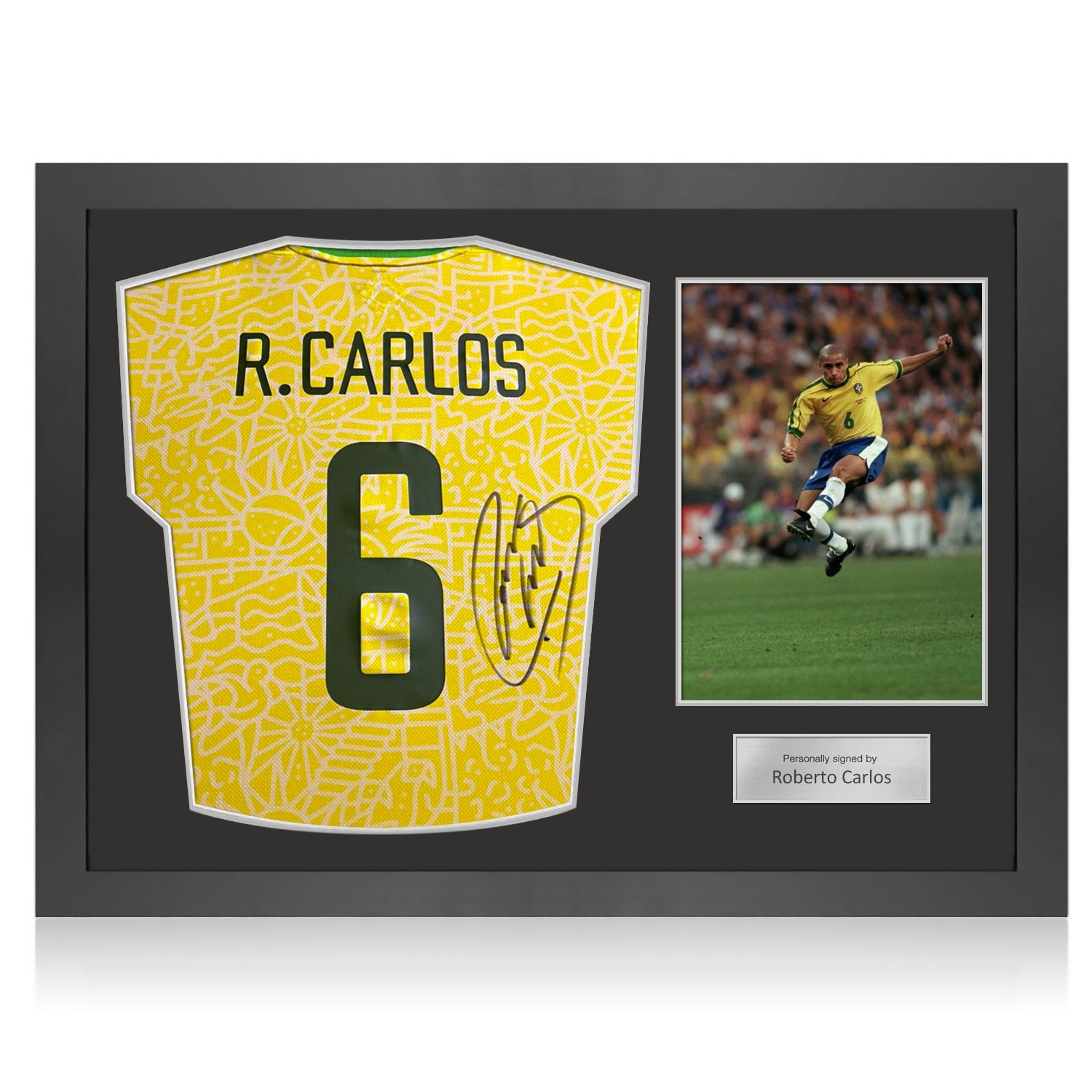 Roberto Carlos Signed Brazil 2024 Football Shirt. Icon Frame