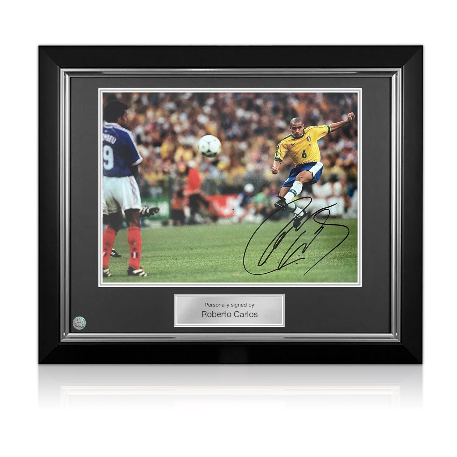 Roberto Carlos Signed Brazil Football Photo. Deluxe Frame