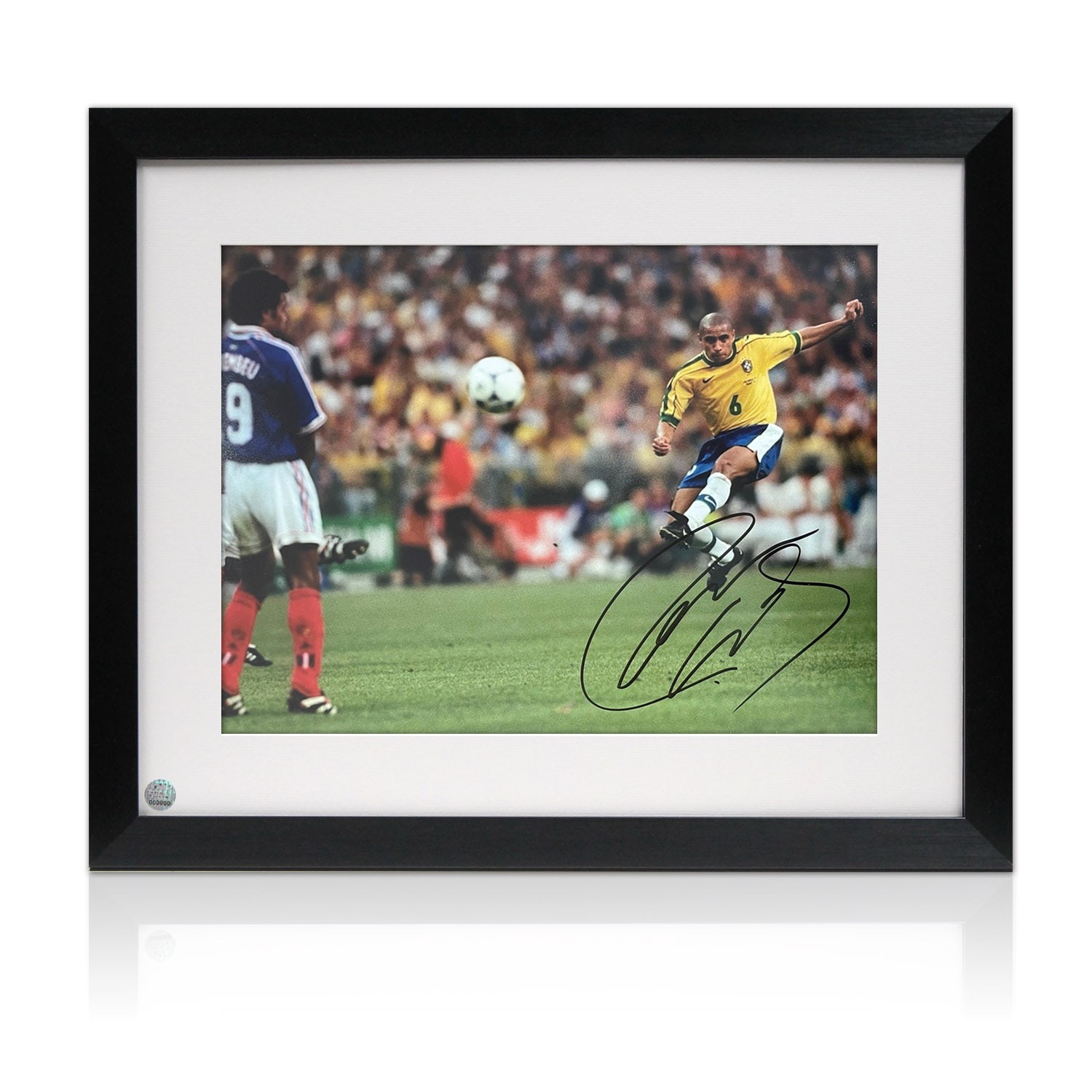 Roberto Carlos Signed Brazil Football Photo. Framed