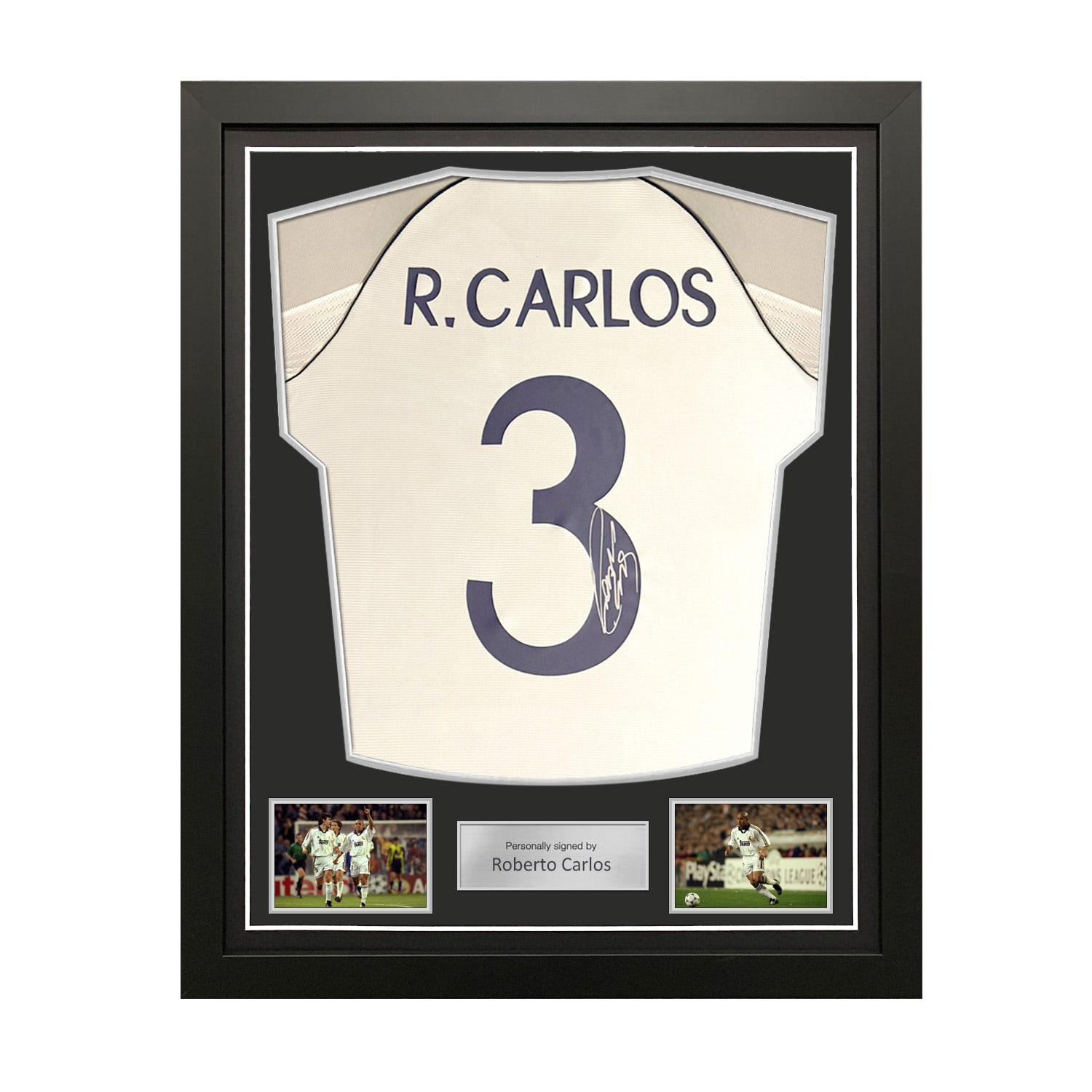 Roberto Carlos Signed Real Madrid 1999-00 Home Football Shirt (On Number). Standard Frame
