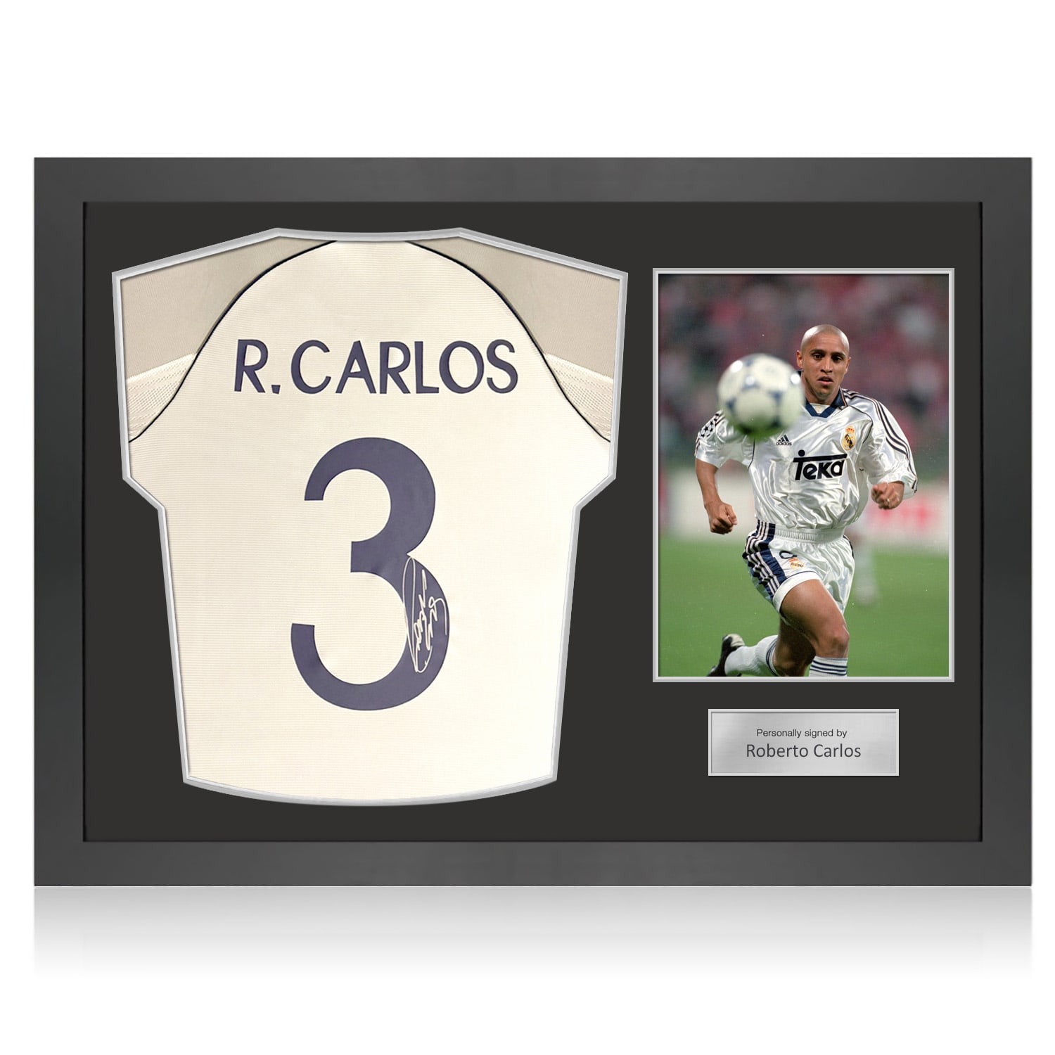 Roberto Carlos Signed Real Madrid 1999-00 Home Football Shirt (On Number). Icon Frame