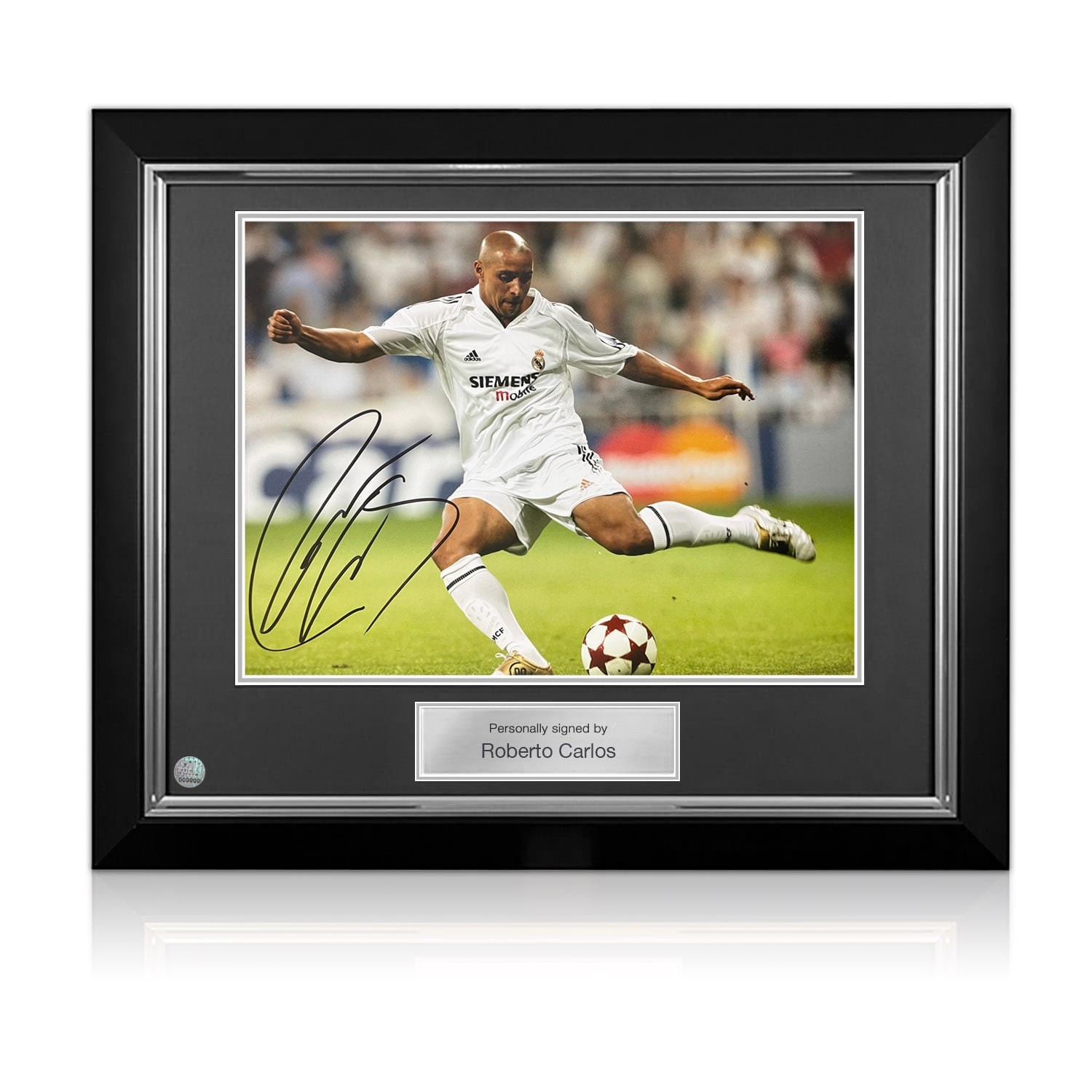 Roberto Carlos Signed Real Madrid Football Photo. Deluxe Frame