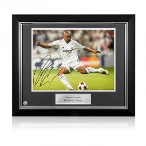 Roberto Carlos Signed Real Madrid Football Photo. Deluxe Frame