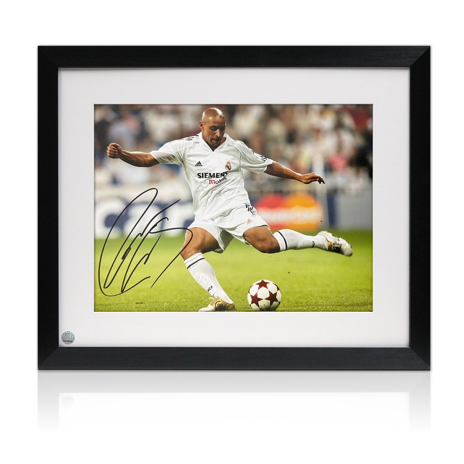 Roberto Carlos Signed Real Madrid Football Photo. Framed
