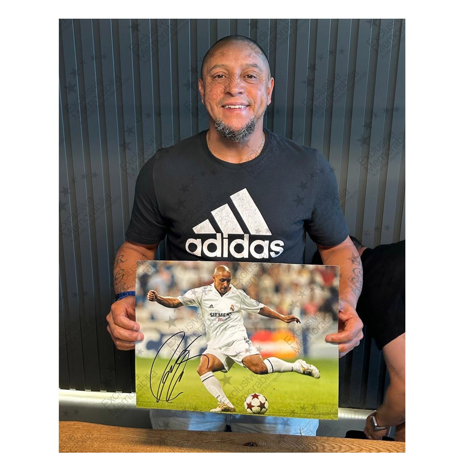 Roberto Carlos Signed Real Madrid Football Photo. Framed