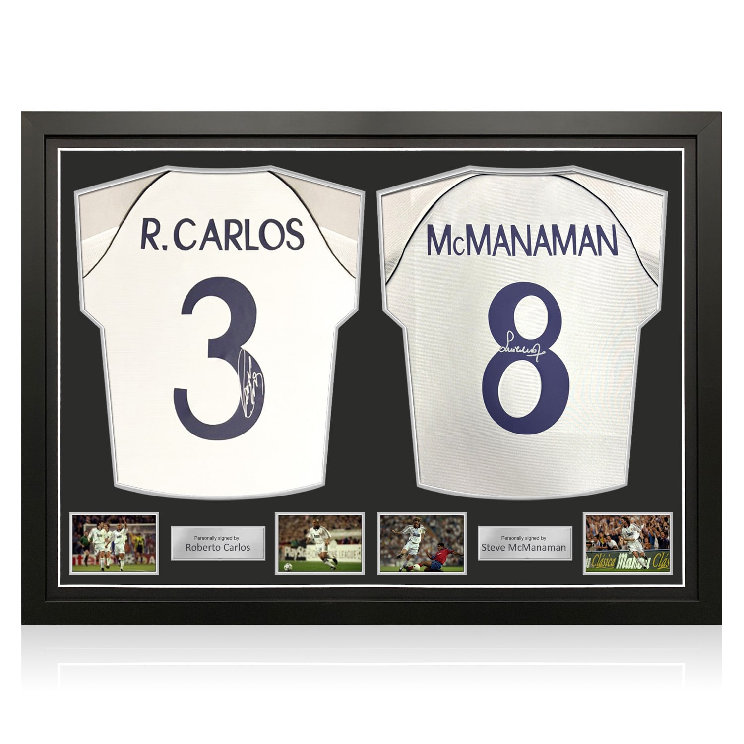 Roberto Carlos & Steve McManaman Signed Real Madrid 1999-00 Home Football Shirts. Dual Frame