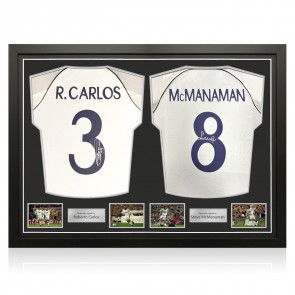 Roberto Carlos & Steve McManaman Signed Real Madrid 1999-00 Home Football Shirts. Dual Frame