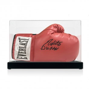Roberto Duran Signed Red Boxing Glove. Display Case