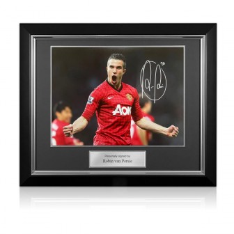 Robin Van Persie Signed Manchester United Football Photo: Celebrating. Deluxe Frame