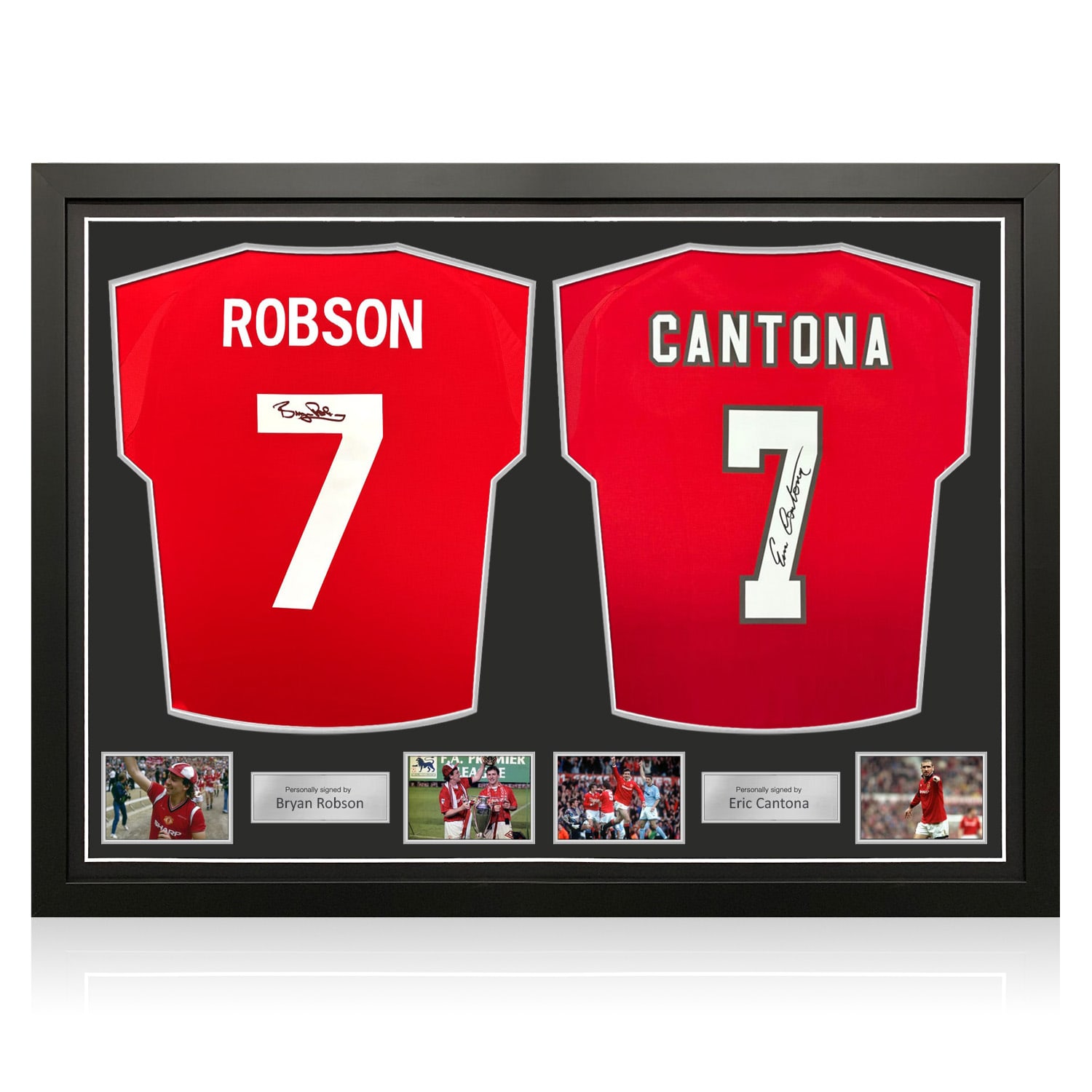 Bryan Robson & Eric Cantona Signed Manchester United 2024-25 Football Shirts. Dual Frame