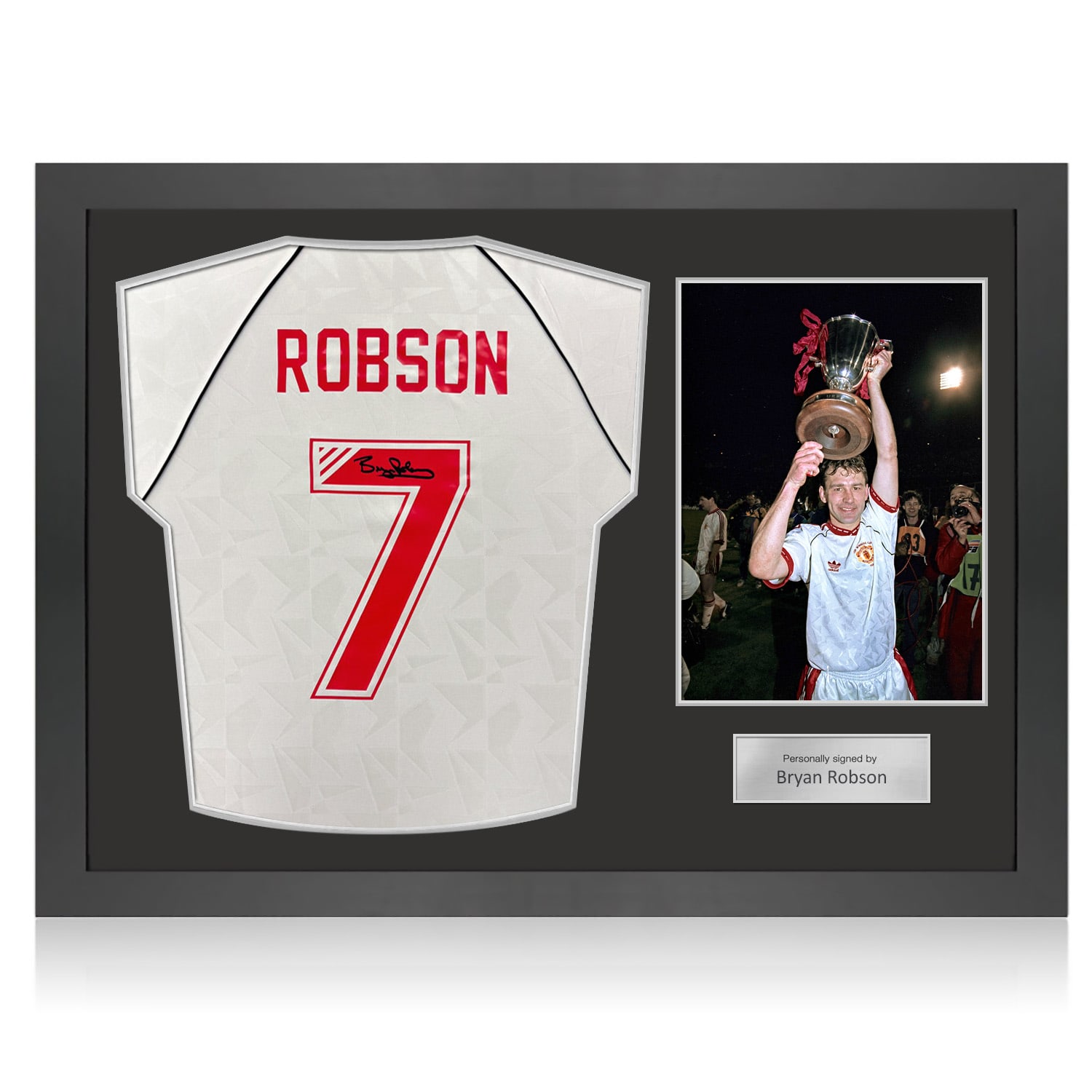 Bryan Robson Signed Manchester United 1991 European Cup Winners' Cup Final Football Shirt. Icon Frame