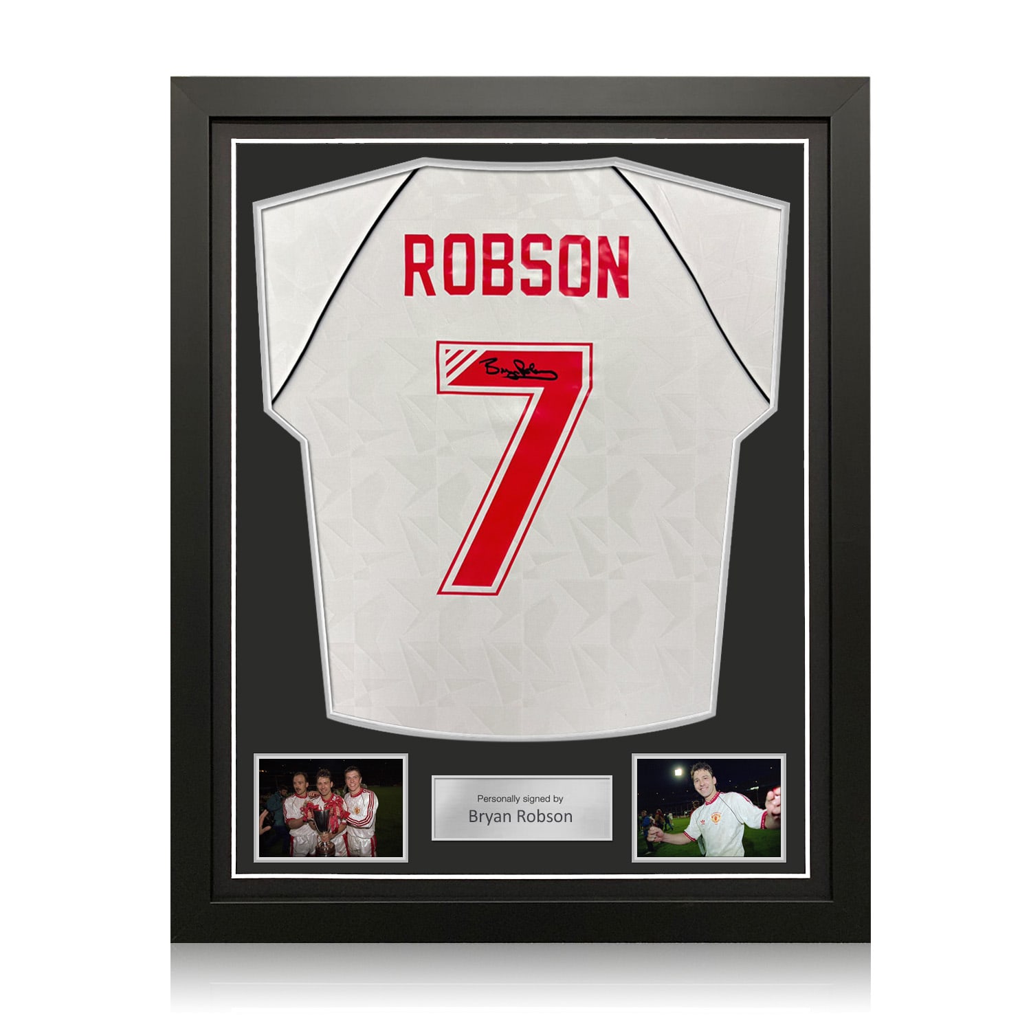 Bryan Robson Signed Manchester United 1991 European Cup Winners' Cup Final Football Shirt. Standard Frame