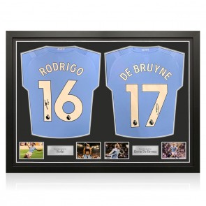 Rodri & Kevin De Bruyne Signed Manchester City 2023-24 Football Shirts. Dual Frame