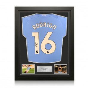 Rodri Signed Manchester City 2023-24 Football Shirt. Standard Frame