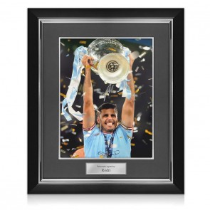 Rodri Signed Manchester City Football Photo: CL Trophy. Deluxe Frame