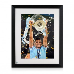 Rodri Signed Manchester City Football Photo: CL Trophy. Framed