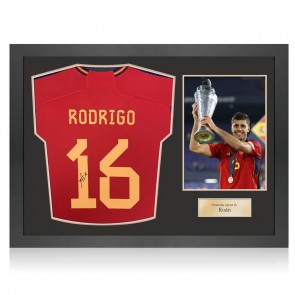 Rodri Signed Spain 2022 Football Shirt. Icon Frame